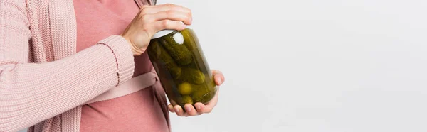 Horizontal Crop Pregnant Woman Opening Jar Sour Pickled Cucumbers Isolated — Stock Photo, Image