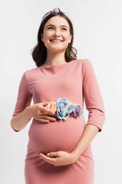 Joyful Pregnant Woman Floral Belt Standing Isolated White — Stock Photo, Image