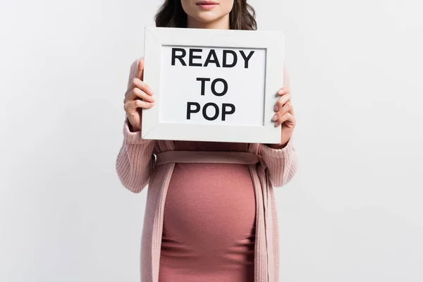 Oříznutý Pohled Těhotné Ženy Drží Deska Připraven Pop Písmo Izolované — Stock fotografie