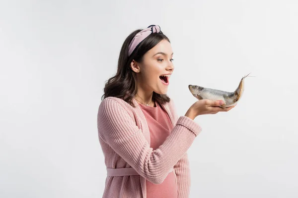 Mujer Embarazada Excitada Con Boca Abierta Sosteniendo Pescado Seco Aislado — Foto de Stock