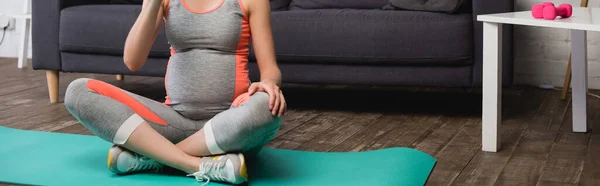 Panoramic Crop Pregnant Woman Sitting Fitness Mat — Stock Photo, Image