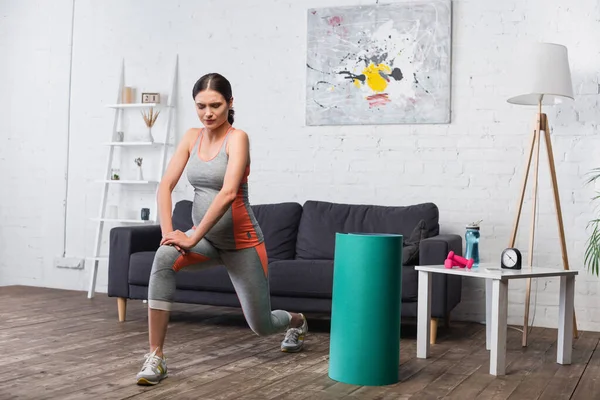 Brunette Pregnant Woman Exercising Sport Equipment Living Room — Stock Photo, Image
