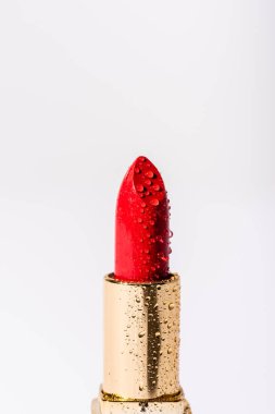close up view of red wet lipstick isolated on white clipart