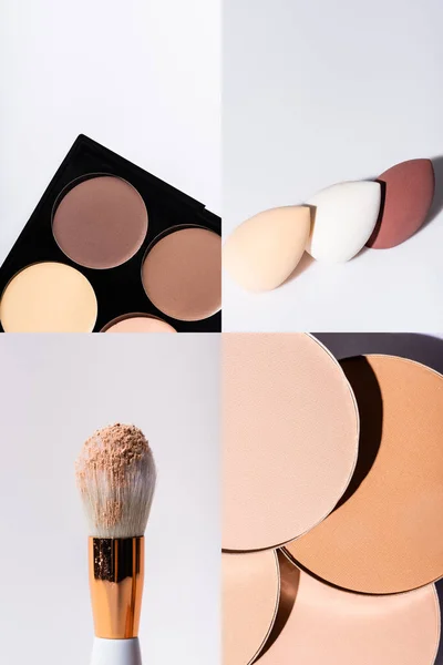 Collage Contour Palette Face Powder Makeup Sponges Cosmetic Brush White — Stock Photo, Image