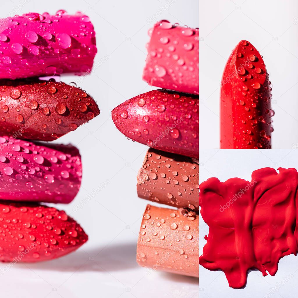 close up view of wet colorful lipsticks on white background, collage