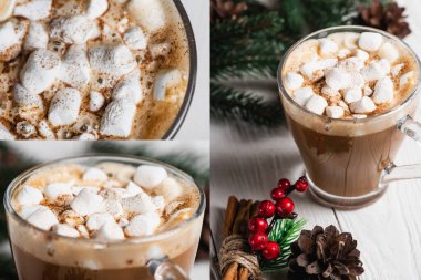 Çam kozalağı ve tarçın çubuklarının yanında marshmallowlu kakao kolajı.