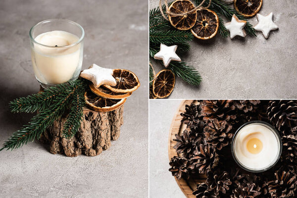 Collage of scented candles with pine branch, pine cones and orange dried slices 