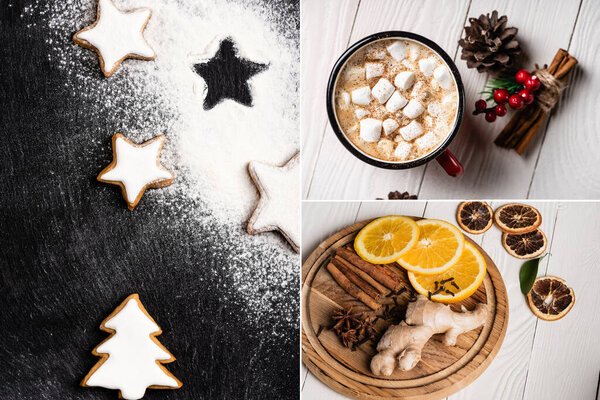 Collage of cookies, spices on plate and cup of cocoa with rowan branch