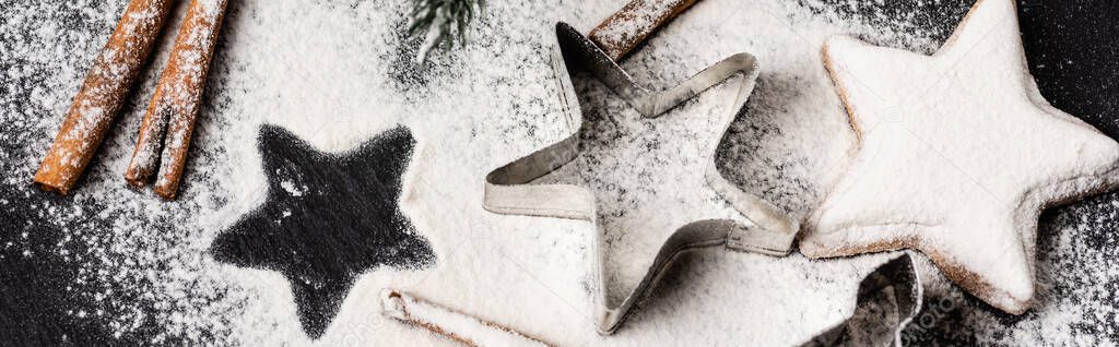 Panoramic shot of shape cutter and gingerbread cookie covered with sugar powder