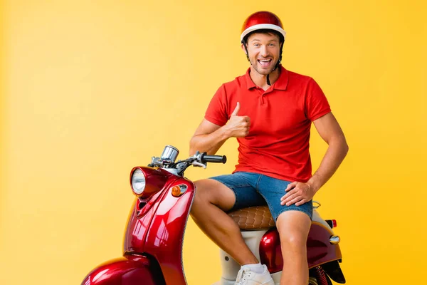 Happy Man Helmet Sitting Red Scooter Showing Thumb Yellow — Stock Photo, Image