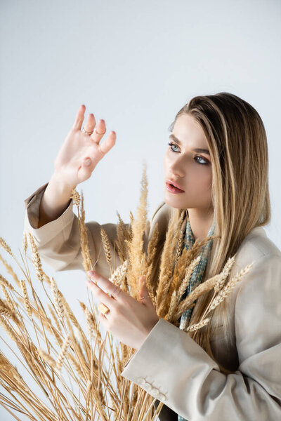 woman gesturing near wheat spikelets on white background