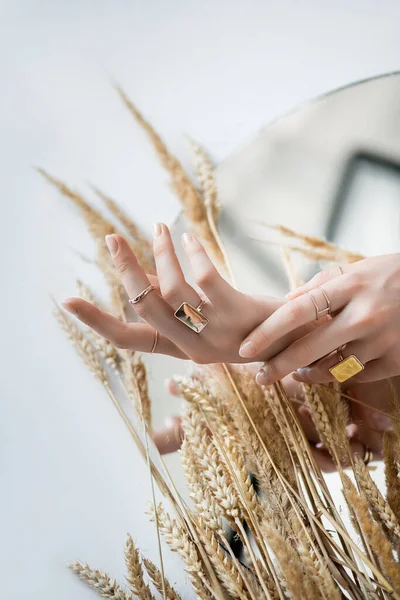 Kırpılmış Kadın Elleri Altın Halkalar Buğdayın Yanında Beyaz Parmaklar — Stok fotoğraf