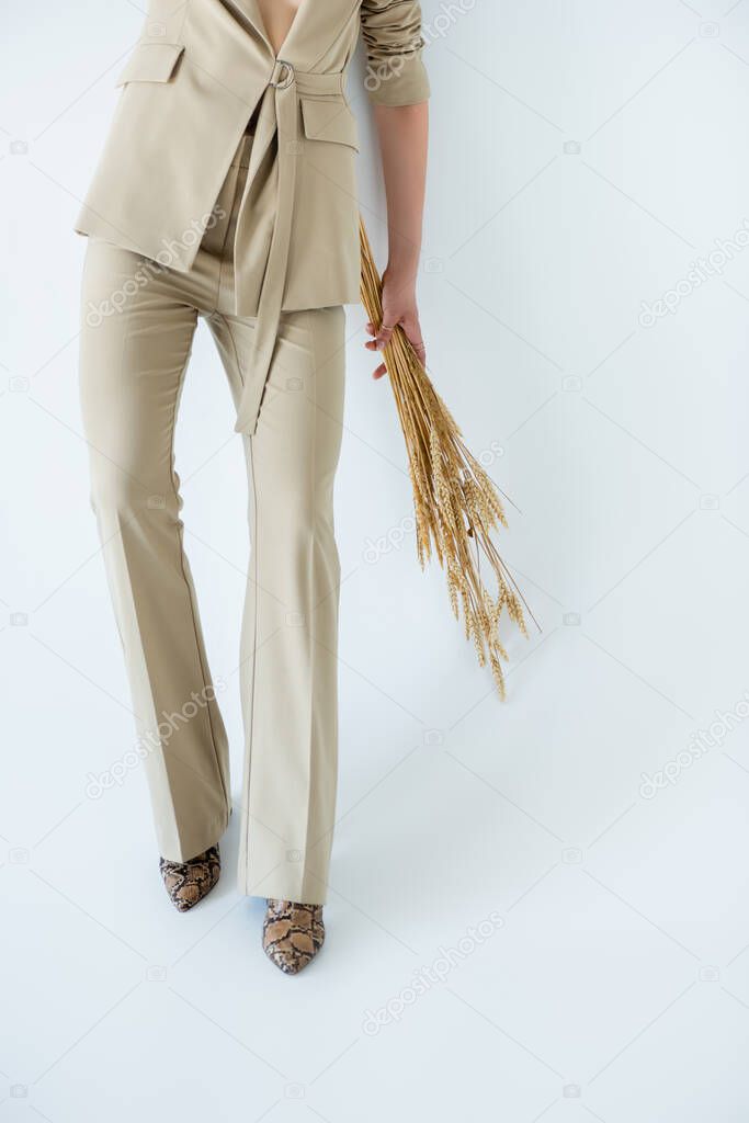 cropped view of young woman in beige pants holding wheat and posing on white