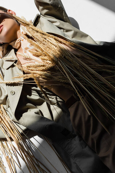 cropped view of young woman in trench coat and scarf lying near wheat on white