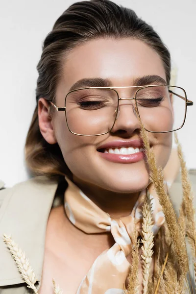 Top View Happy Woman Glasses Scarf Lying Wheat White — Stock Photo, Image