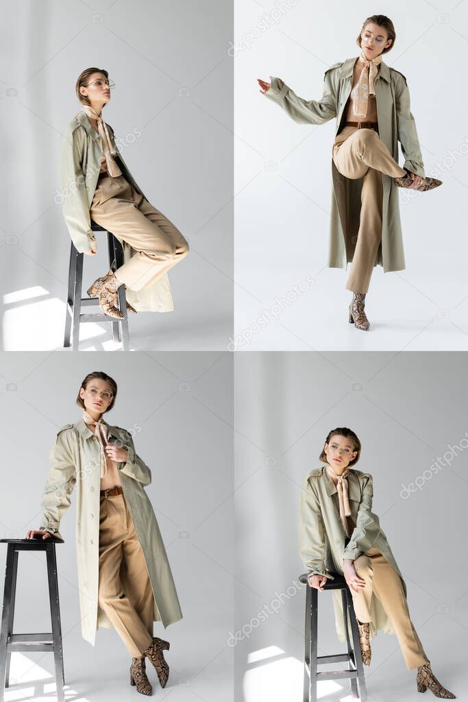 collage of young woman in glasses, trench coat and scarf leaning on stool while posing on grey