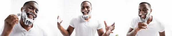 Collage Uomo Afro Americano Che Applica Schiuma Barba Barba — Foto Stock