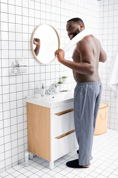 Full Length Smiling Afro American Man Standing Bathroom Towel Neck — Stock Photo, Image