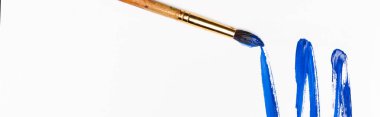 top view of blue paint brushstroke and paintbrush on white background, panoramic shot clipart