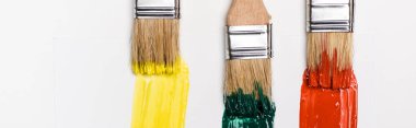top view of paintbrushes near colorful paint brushstrokes on white background, panoramic shot clipart