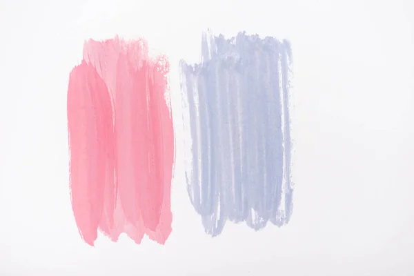 Top View Abstract Pink Blue Paint Brushstrokes White Background — Stock Photo, Image