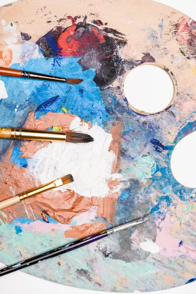 Top View Palette Paints Paintbrushes Isolated White — Stock Photo, Image