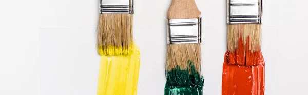 Top View Paintbrushes Colorful Paint Brushstrokes White Background Panoramic Shot — Stock Photo, Image