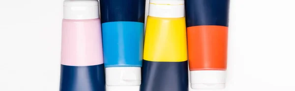 Top View Acrylic Paint Tubes White Background Panoramic Shot — Stock Photo, Image