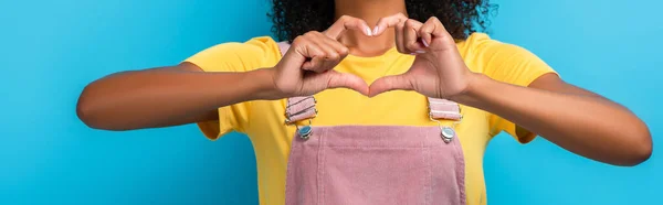 Cropped View African American Woman Showing Heart Sign Hands Blue — Stock Photo, Image
