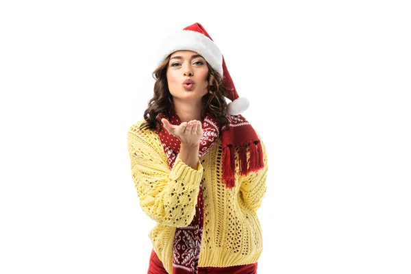 Young Woman Santa Hat Scarf Sending Air Kiss Isolated White — Stock Photo, Image