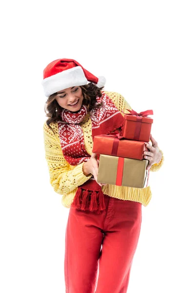 Pleased Young Woman Santa Hat Scarf Looking Gifts Isolated White — Stock Photo, Image