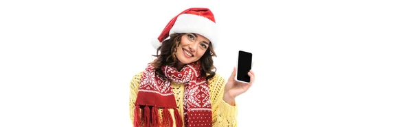 Panoramatická Plodina Radostné Mladé Ženy Santa Klobouk Šátek Drží Smartphone — Stock fotografie