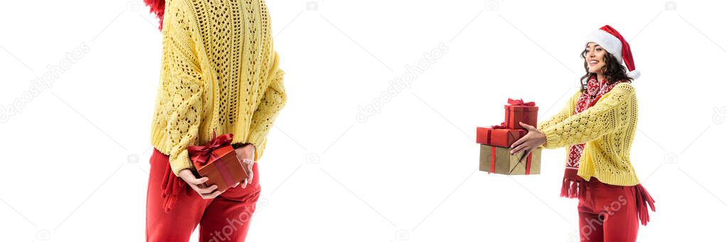 collage of pleased woman in santa hat and red scarf holding present isolated on white