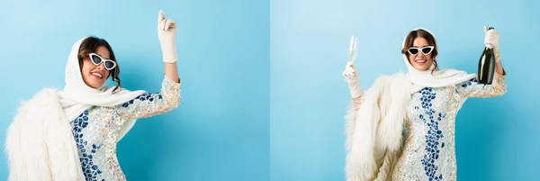 Kolaż Stylowej Kobiety Okularach Przeciwsłonecznych Szklanką Butelką Szampana Niebiesko — Zdjęcie stockowe
