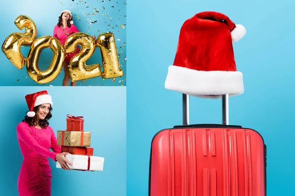 Collage Suitcase Santa Hat Joyful Woman Holding Presents While Standing — Stock Photo, Image