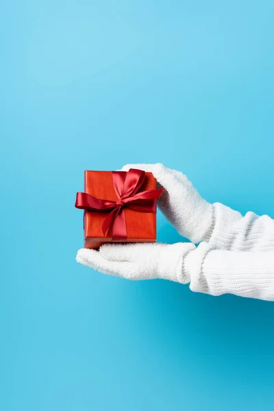 Partial View Young Woman Gloves Holding Gift Box Blue — Stock Photo, Image