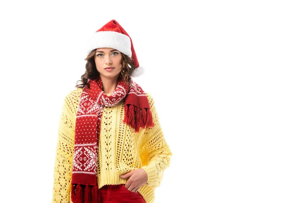 Young Brunette Woman Santa Hat Red Scarf Standing Hand Pocket — Stock Photo, Image