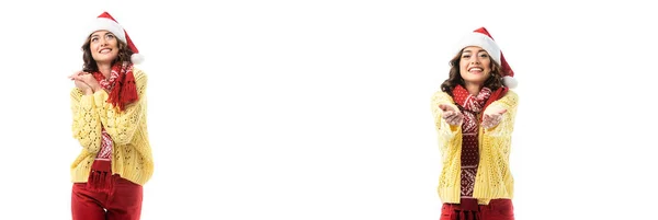 Коллаж Мечтательной Женщины Шляпе Санты Красном Шарфе Улыбаясь Стоя Протянутыми — стоковое фото