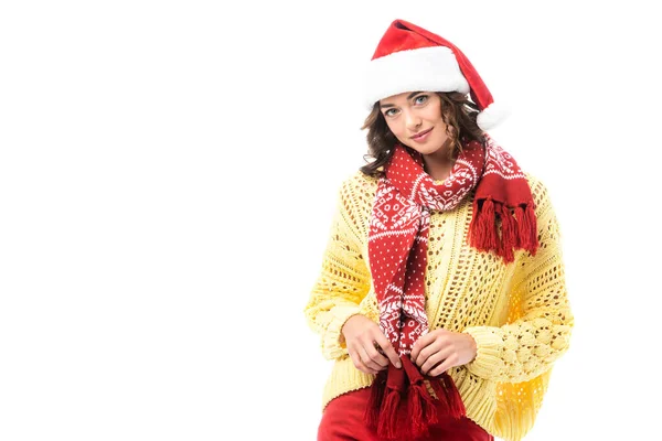 Young Brunette Woman Santa Hat Touching Red Scarf Isolated White — Stock Photo, Image