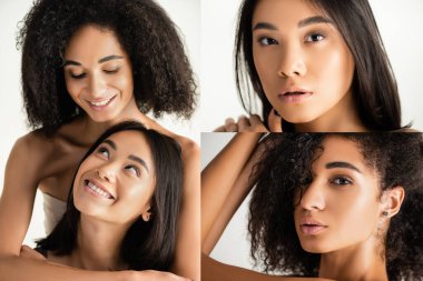 Mutlu Afro-Amerikan ve Asyalı kadınların kolajı. Birbirlerine beyazlar içinde bakıyorlar.
