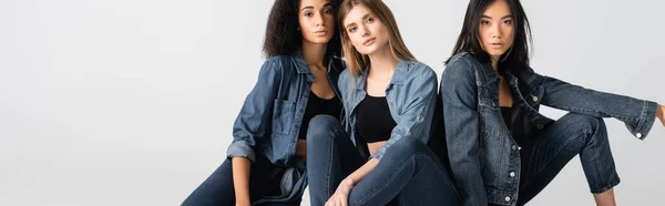 Young Interracial Women Denim Outfit Posing Isolated White Banner — Stock Photo, Image