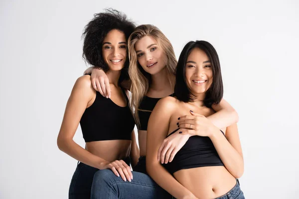 Young Interracial Women Tops Smiling Isolated White — Stock Photo, Image