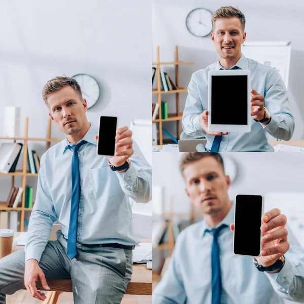 Collage Hombre Negocios Mostrando Smartphone Tableta Digital Con Pantalla Blanco — Foto de Stock