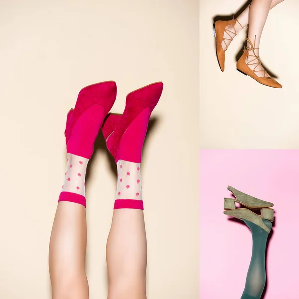 Vista Cortada Pernas Femininas Sapatos Fundo Bege Rosa Colagem — Fotografia de Stock