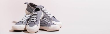 grey casual sneakers on white background, banner clipart