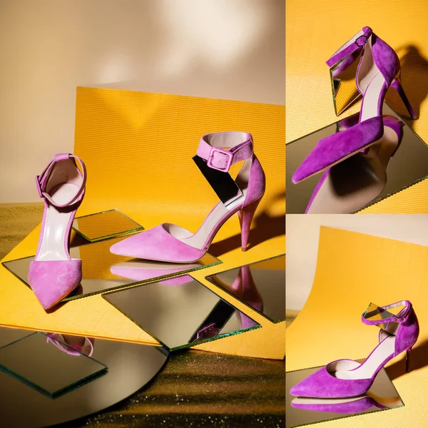 Collage Elegantes Zapatos Tacón Ante Violeta Espejo Papel Amarillo — Foto de Stock