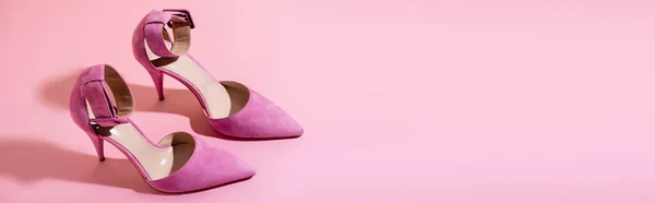 Pair Elegant Suede Heeled Shoes Pink Background Banner — Stock Photo, Image