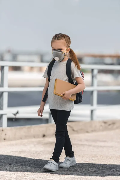 Niño en máscara protectora caminando con libro sobre puente, concepto de contaminación del aire - foto de stock