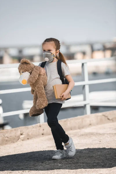 Criança em máscara protetora segurando ursinho de pelúcia e livro sobre ponte, conceito de poluição do ar — Fotografia de Stock