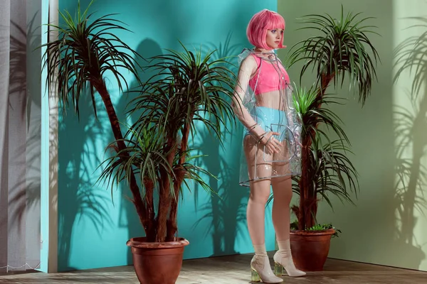 Красивая модель в розовом парике и прозрачном плаще позирует в студии — стоковое фото